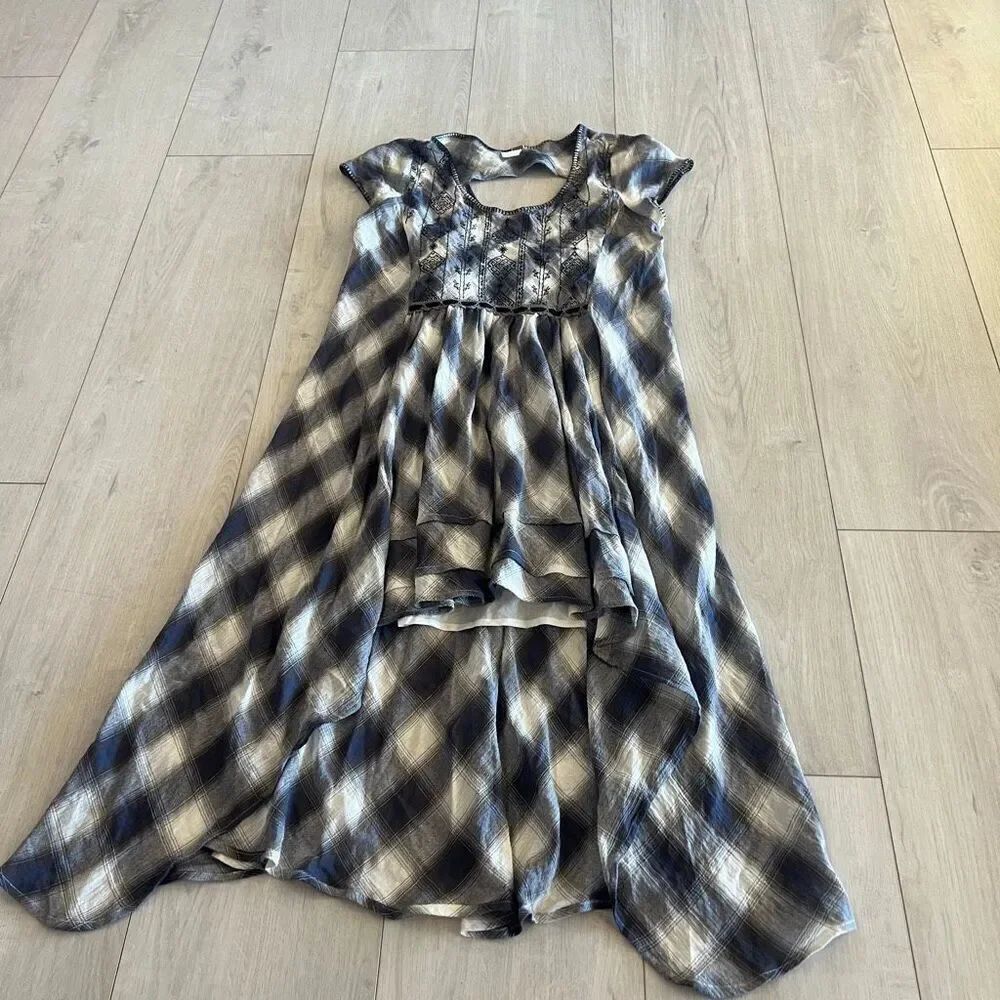 Free People Plaid Cutout Embroidered Hi-Low Y2K Grunge Midi Dress xs